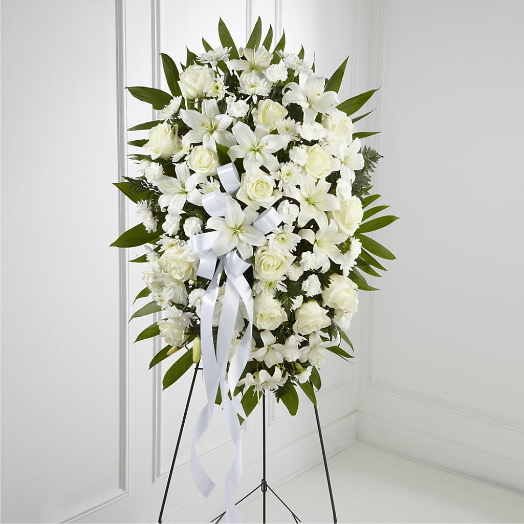 Exquisite Tribute Standing Spray-White Ribbon – Village Flower Shop, Kelowna BC